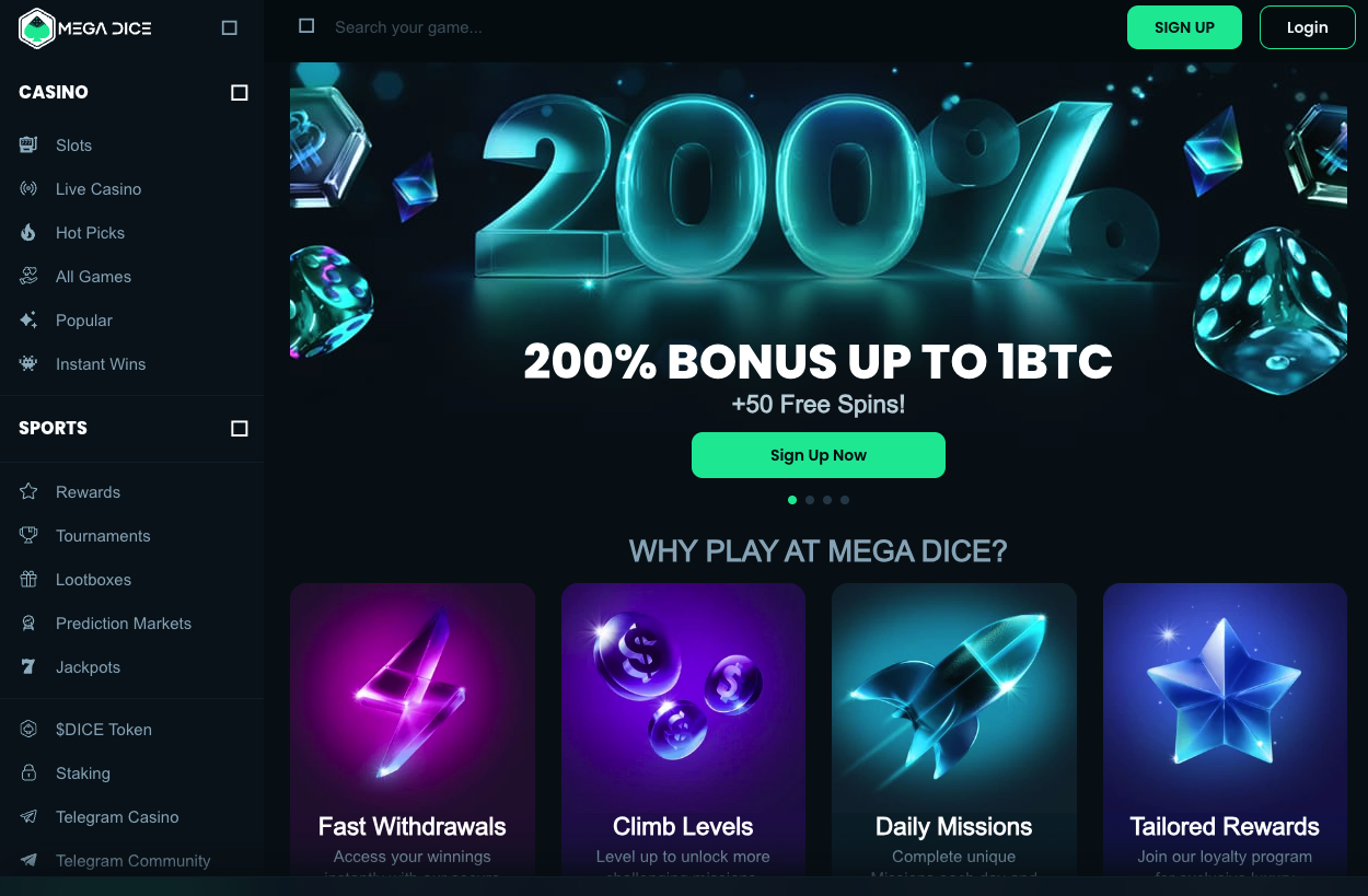 Главная страница Mega Dice