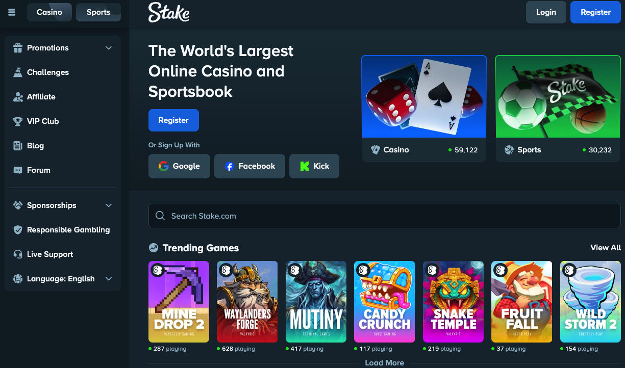 Главная страница Stake